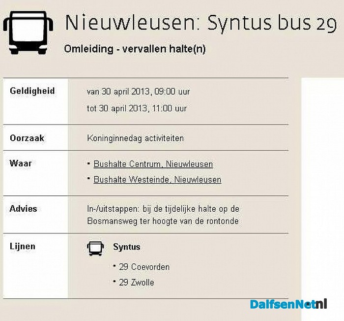 Verstoring Buslijn Nieuwleusen ivm. activiteiten