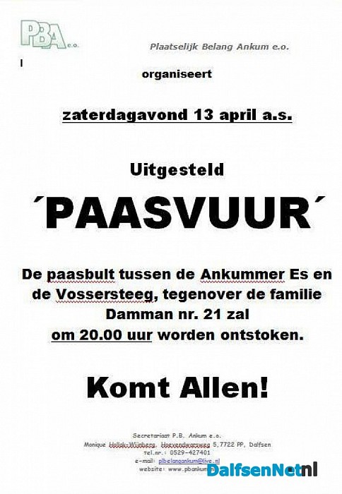 Paasvuur Ankum nu zaterdag