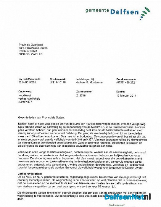 Brief namens college Dalfsen over N340/N377