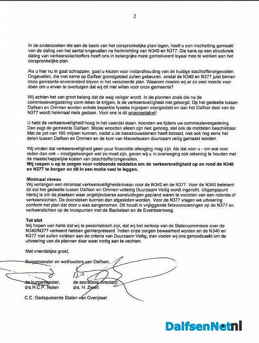 Brief namens college Dalfsen over N340/N377