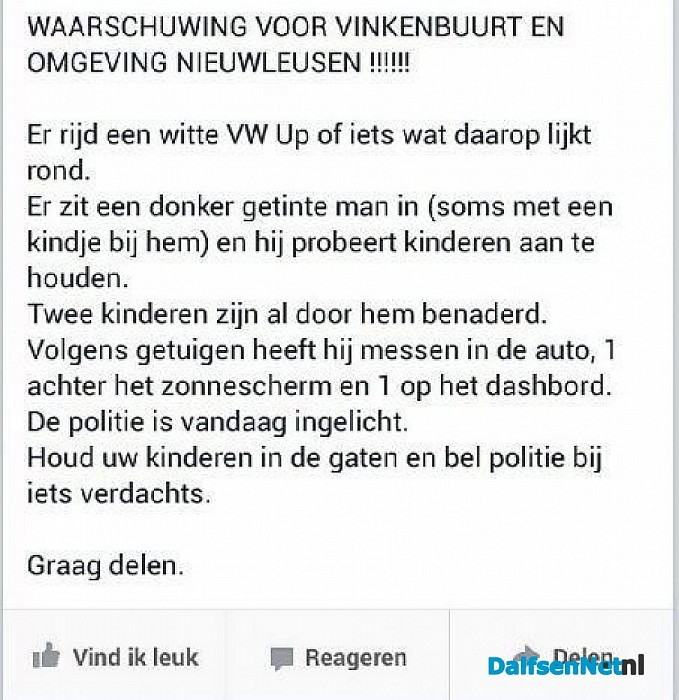 Nieuwleusen wordt opgeschrikt door verdacht persoon in witte VW-Up