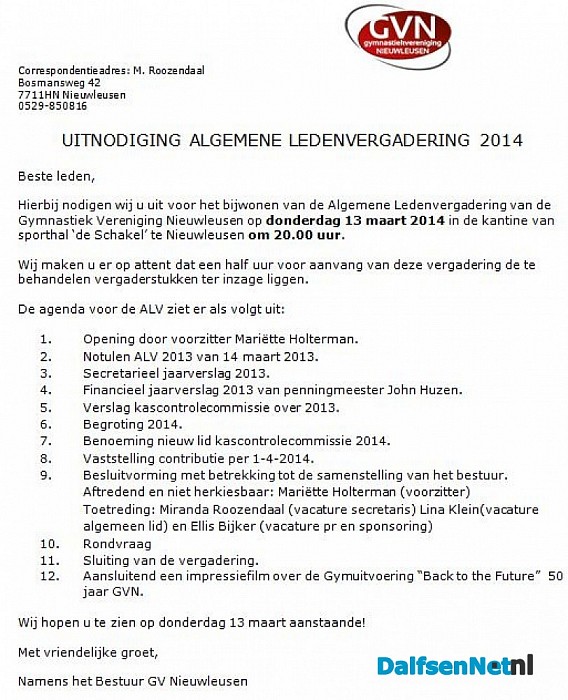 Aankondiging ALV GV Nieuwleusen