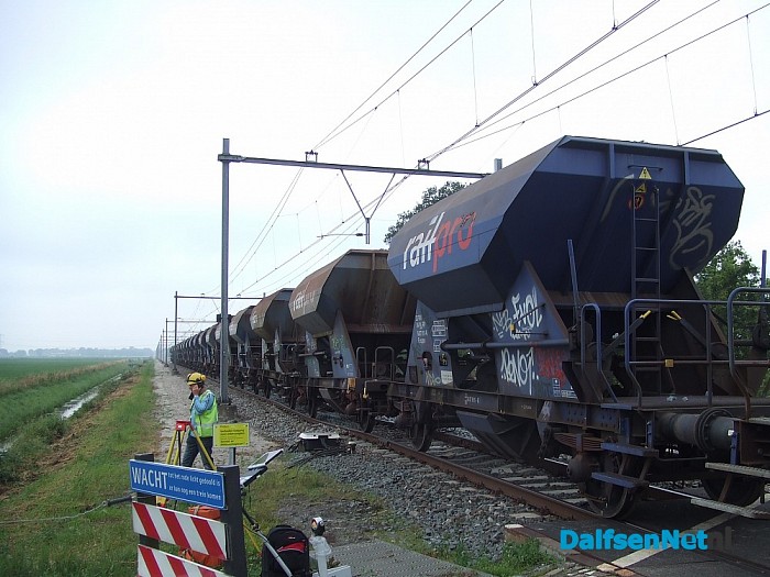Werkzaamheden aan het spoor met groot materieel.