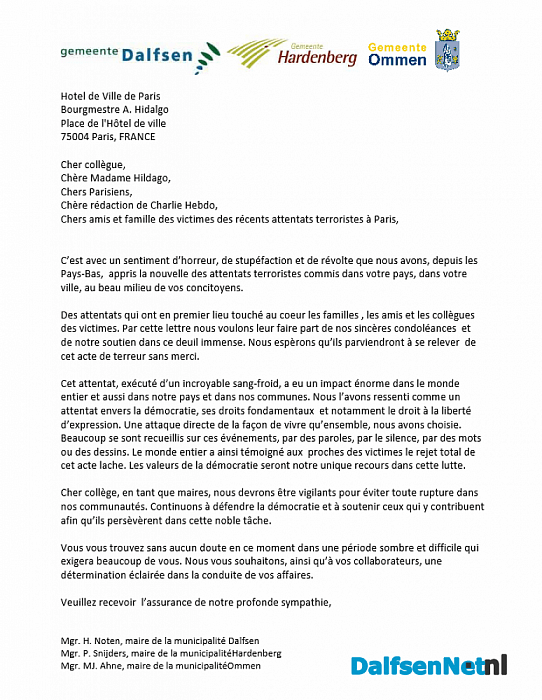 Burgemeesters sturen brief naar Parijs