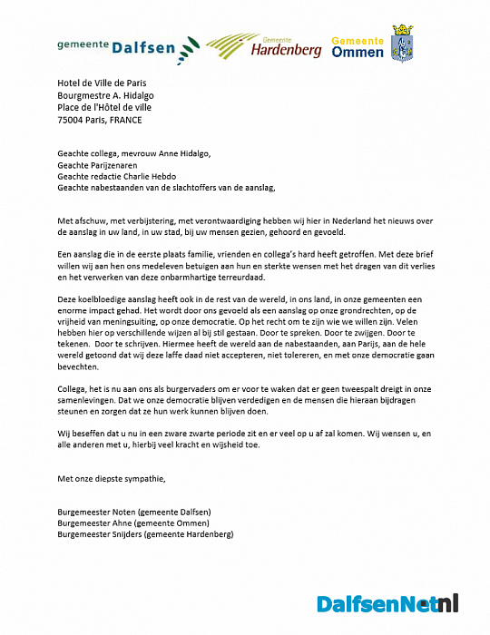 Burgemeesters sturen brief naar Parijs