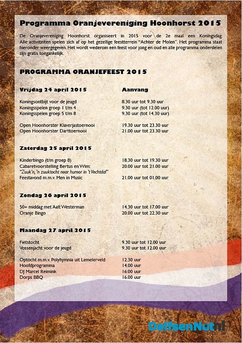 Programma Oranjevereniging Hoonhorst 2015