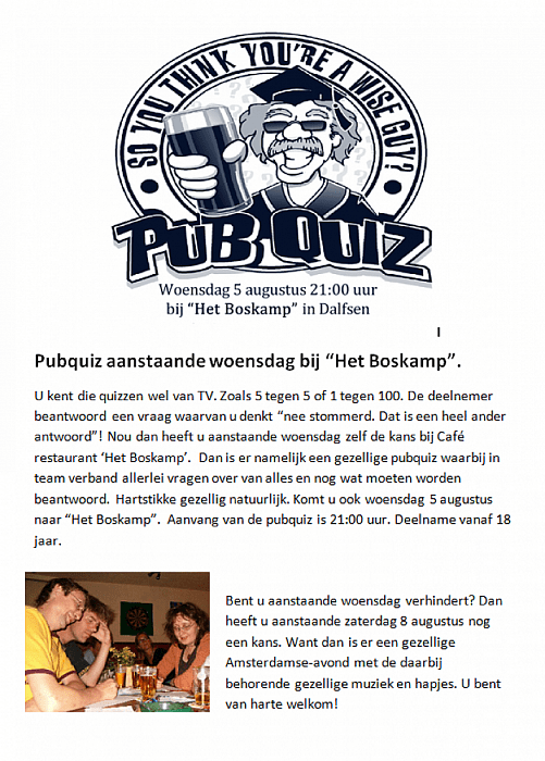 Pubquiz aanstaande woensdag bij “Het Boskamp” - Foto: Eigen geleverde foto