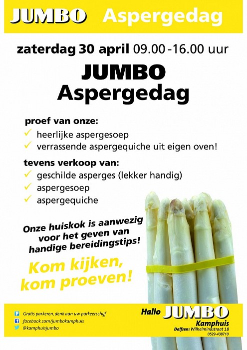 Zaterdag 30 april aspergedag bij Jumbo Kamphuis.