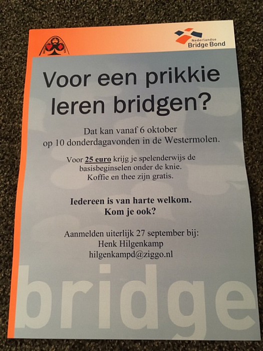 ledenwerving actie gestart bij de Bridge club - Foto: Eigen geleverde foto