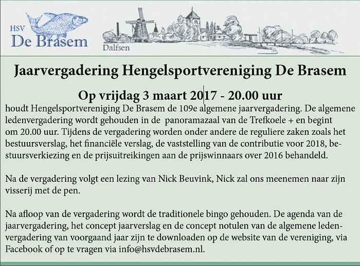 Jaarvergadering Hengelsportvereniging De Brasem