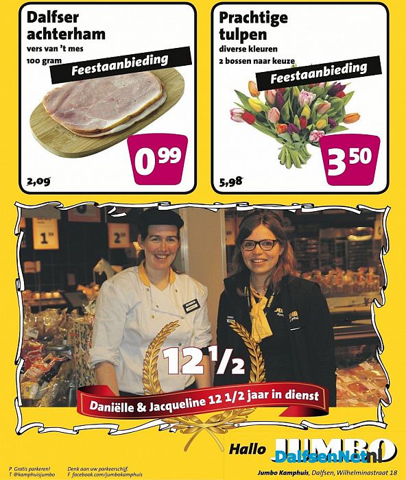 Daniëlle en Jacqueline 12 ½ jaar in dienst bij Jumbo Kamphuis. - Foto: Eigen geleverde foto