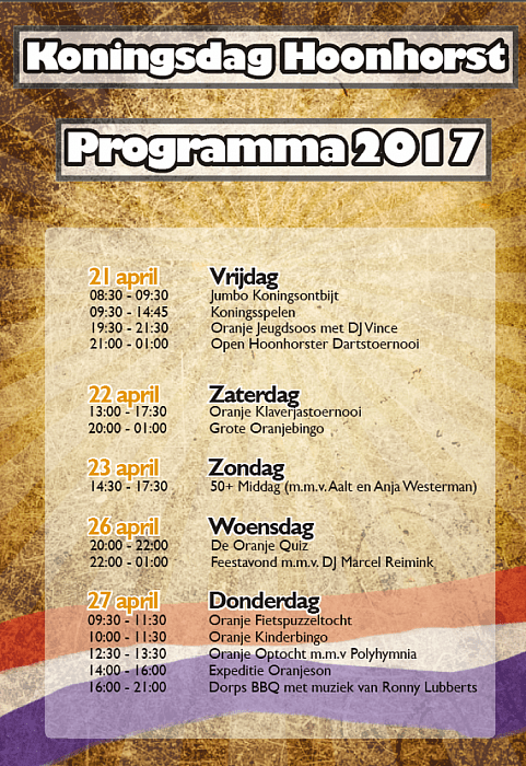 Programma Oranjevereniging Hoonhorst 2017 - Foto: Eigen geleverde foto