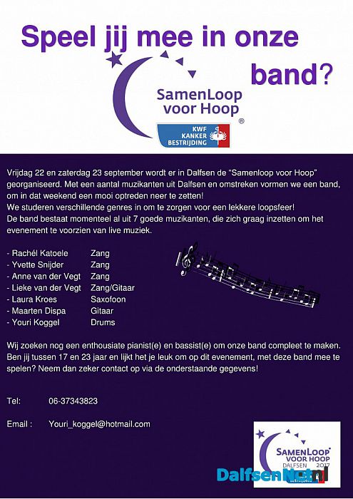 Speel jij mee in onze “Samenloop voor Hoop” band? - Foto: Ingezonden foto