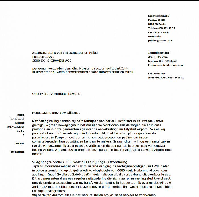 Vliegroutes Lelystad: Brief Provincie naar Dijksma