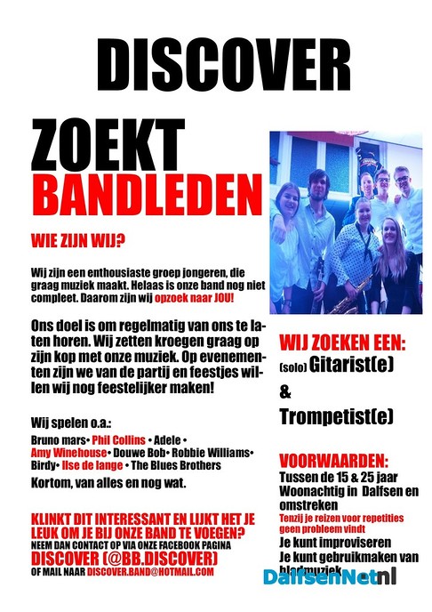 DISCOVER zoekt bandleden - Foto: Ingezonden foto