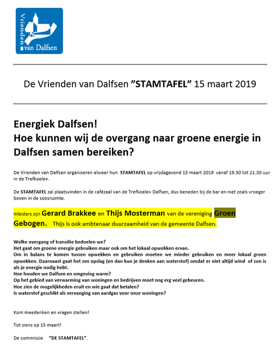 De Vrienden van Dalfsen ”STAMTAFEL” 15 maart 2019