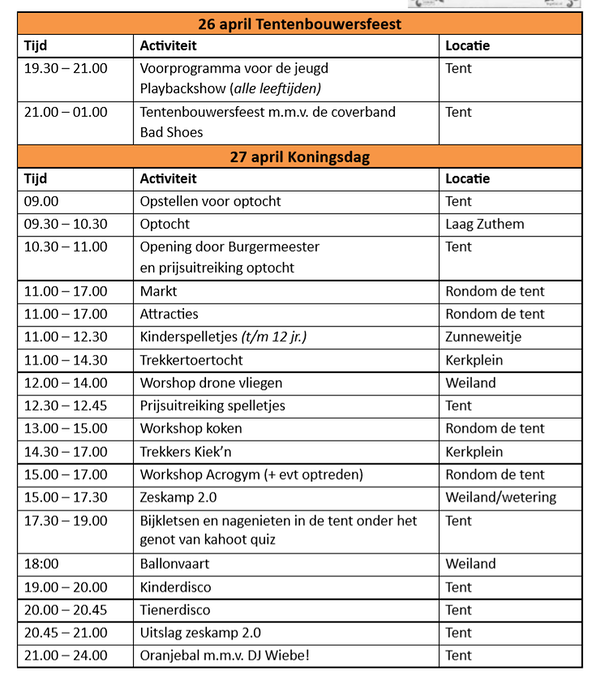 Programma  van Koningsdag in Laag Zuthem - Foto: Eigen geleverde foto