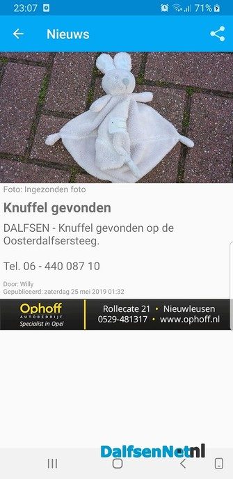 Knuffel weer terecht - Foto: Ingezonden foto