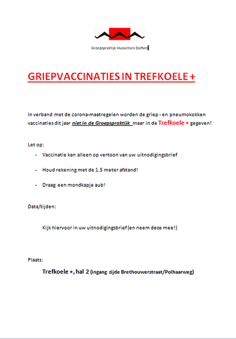 Griep- en pneumokokken vaccinaties in de Trefkoele +