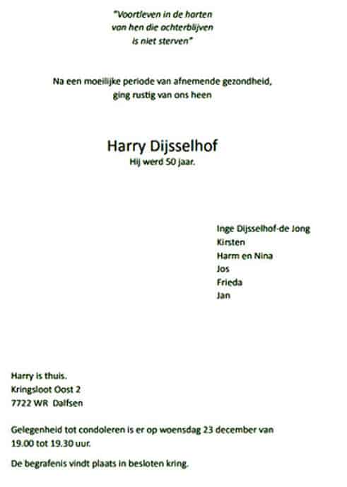 Overlijdensbericht Hendrik (Harry) Dijsselhof
