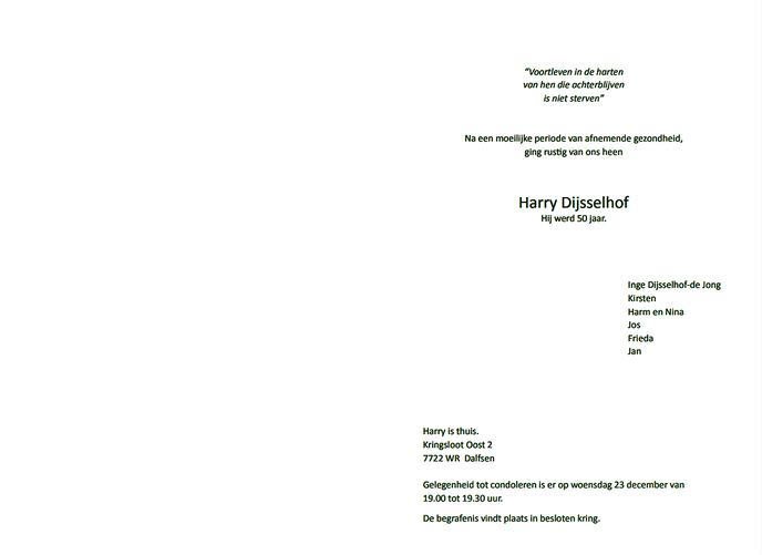 Overlijdensbericht Hendrik (Harry) Dijsselhof