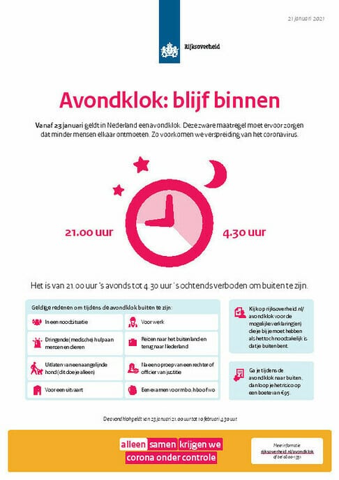 Avondklok verlengt tot en met 2 maart