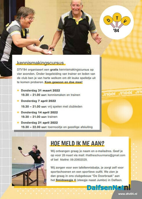 Gratis tafeltenniscursus voor volwassenen! - Foto: Ingezonden foto