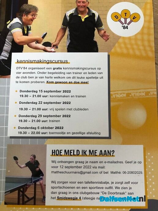 Tafeltenniszaal open op 10 september - Foto: Ingezonden foto