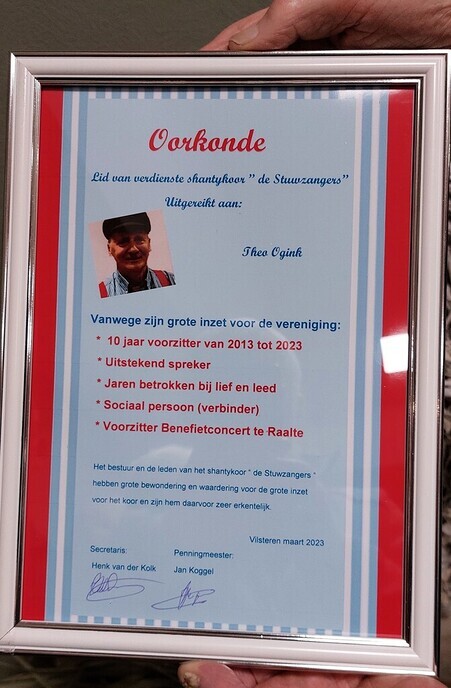 Afscheid Theo Ogink als voorzitter bij de Stuwzangers - Foto: Eigen geleverde foto