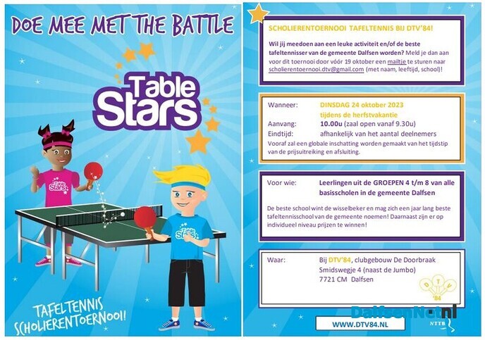 Inschrijving scholierentoernooi tafeltennis in de herfstvakantie sluit morgen - Foto: Ingezonden foto