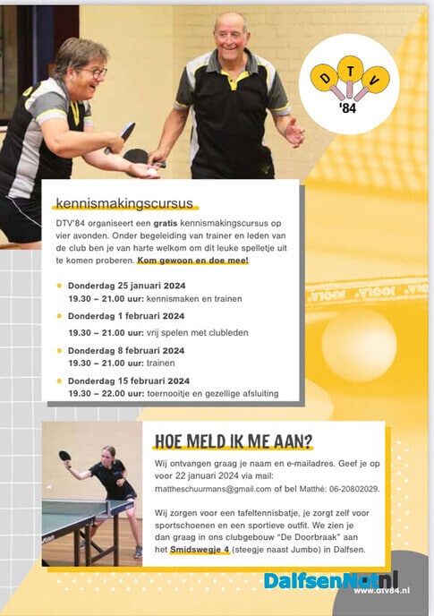 Tafeltennis: Opgeven kan nog tot maandag 22 januari - Foto: Ingezonden foto