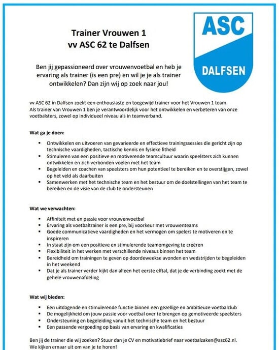 ASC’62 op zoek naar een trainer - Foto: Ingezonden foto
