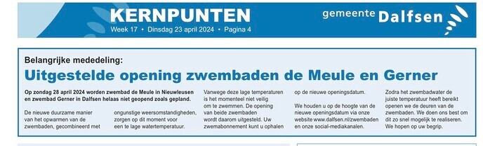 Opening gemeentelijke openluchtzwembaden uitgesteld