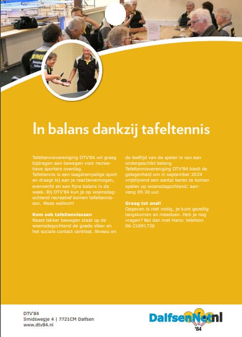 Tafeltennis: nog 2 inloopochtenden in september - Foto: Ingezonden foto