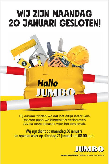 Let op: De Hallo Jumbo winkel is maandag de hele dag gesloten