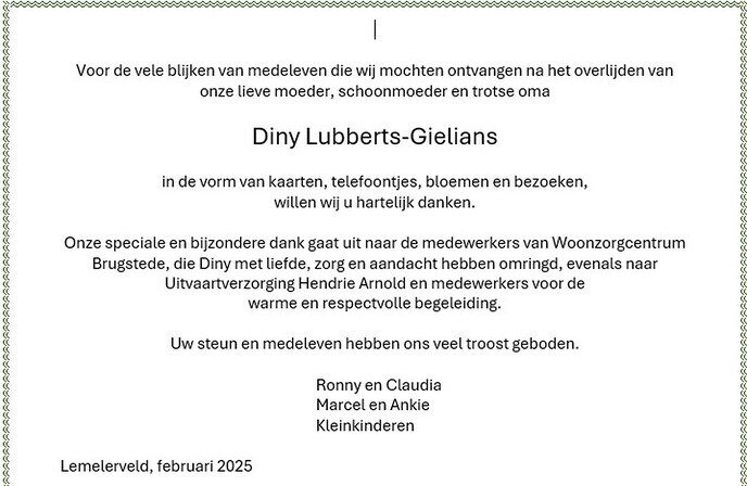 Er is een nieuw familiebericht (dankbetuiging) geplaatst