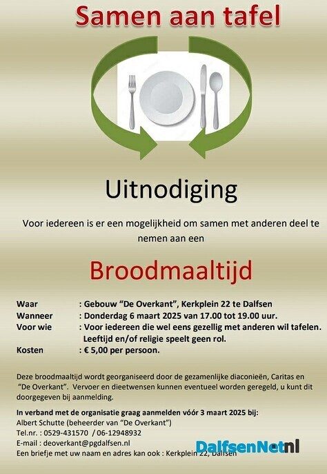 6 maart Samen aan Tafel in De Overkant - Foto: Ingezonden foto
