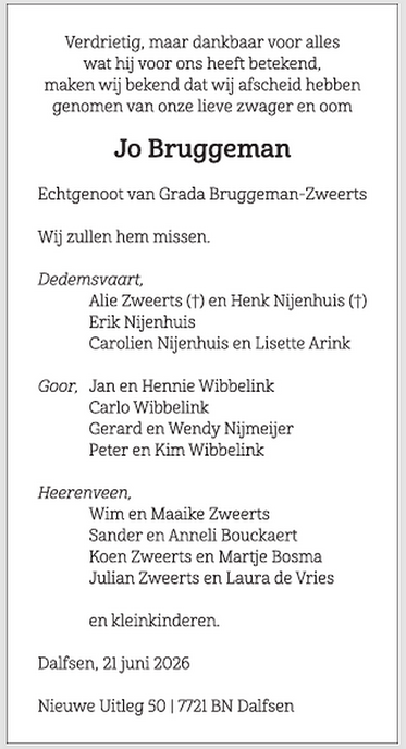 Bericht van de familie: overlijdensbericht Jo Bruggeman