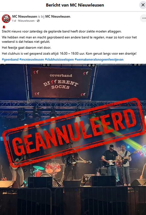 Feest Motorclub Nieuwleusen gaat niet door zo als gepland was - Foto: Ingezonden foto