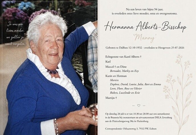Hermanna Alberts-Bisschop ‘Manny’ – Familieberichten