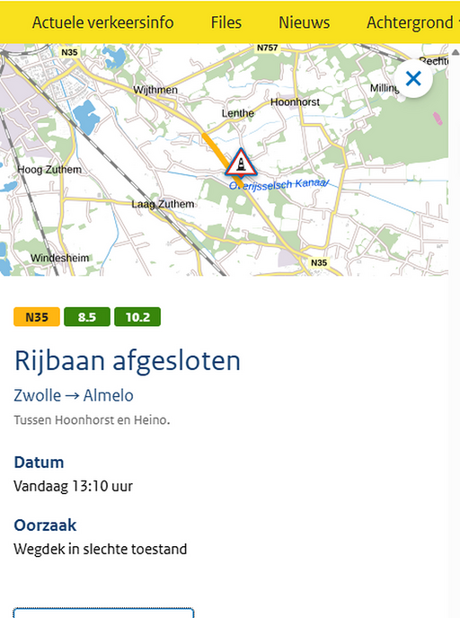 Zinkgat in de N35: weg afgesloten voor alle verkeer (update)