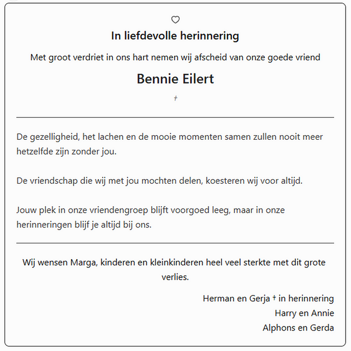 Overlijden Bennie Eilert