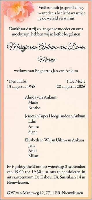 Overlijdens bericht Marrie van Ankum - van Duren