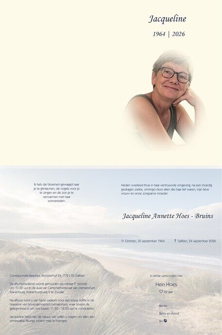 Overlijden Jacqueline Hoes - Bruins