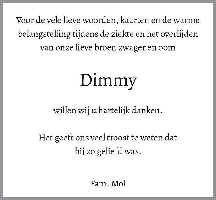 Dankbetuiging Dimmy Mol