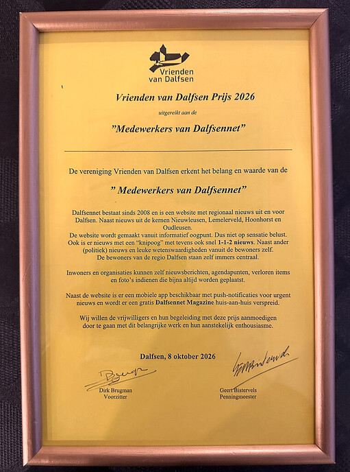 DalfsenNet ontvangt Vrienden van Dalfsenprijs