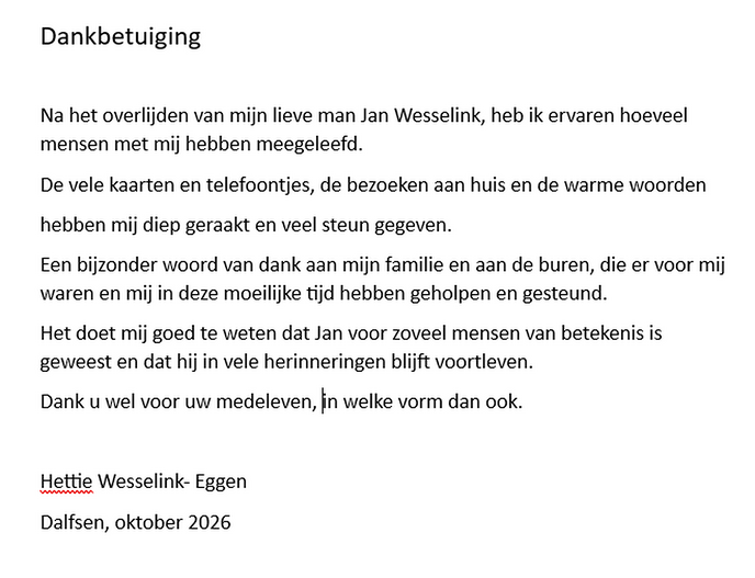 Dankbetuiging Jan Wesselink